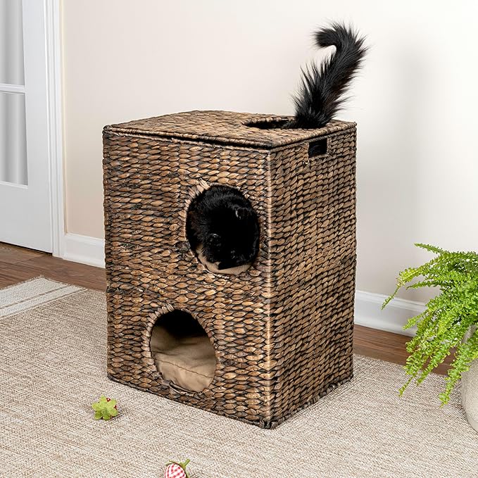 CHS1000B Jaxon 18" Modern Classic 2-Tier Handwoven Hyacinth Rectangular 5-Hole Cat Condo with 2 Machine-Washable Cushions, Brown