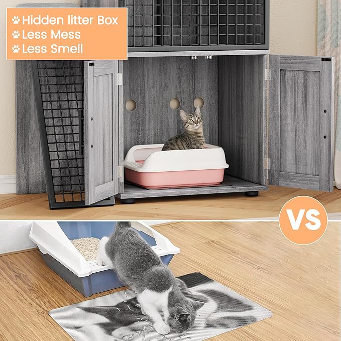 IDEALHOUSE Modern Cat Litter Box Enclosure with Platform, Double Layer Hidden Litter Box, Indoor Washroom, Villa Cat House with Ladder, 33.5" l x 17.9" w x 41.9" h,Dark Grey