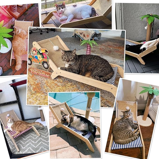 PETKARAY Cat Hammock with Coconut Palm Tree Scratching Post, Cozy Beach Chair Elevated Cat Beds, Original Lounger for Indoor Cats