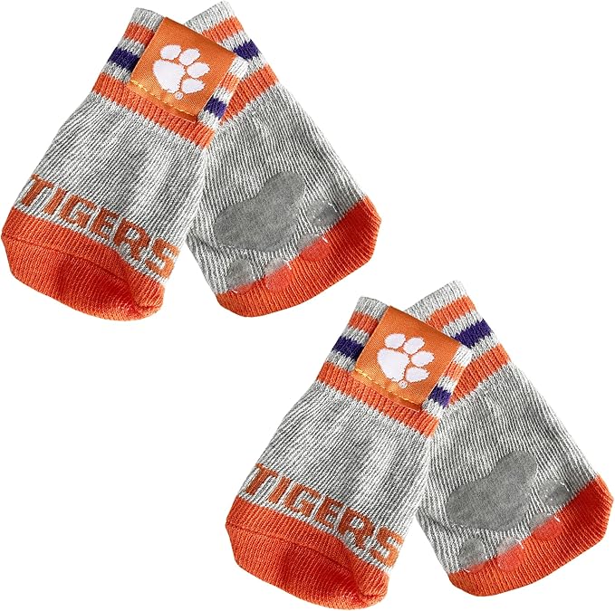 NCAA Clemson Tigers Anti Slip Dog Socks with Elastic Ribbed Top, Size X-Small/Small. Indoor/Outdoor Socks, Best Dog Paw Protector, 2 Pairs of Pet Socks with Your Favorite Collegiate Sports Team