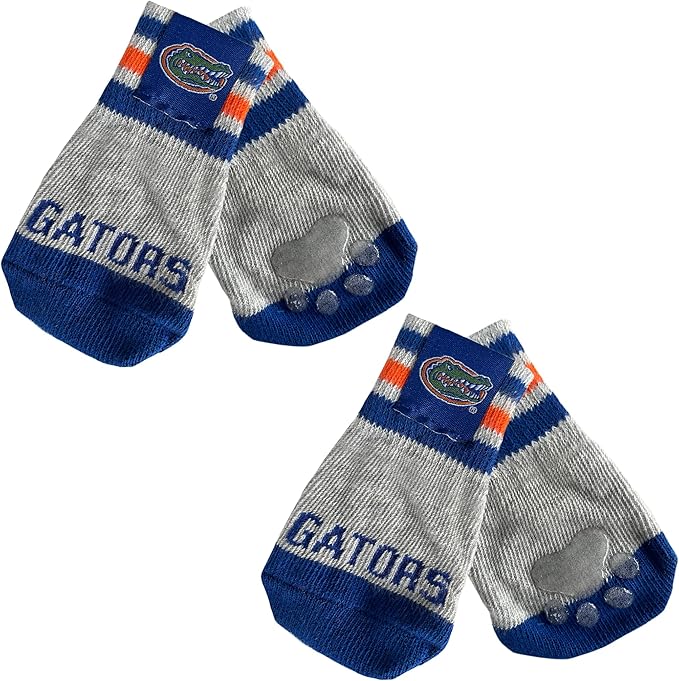 NCAA Florida Gators Anti Slip Dog Socks with Elastic Ribbed Top, Size X-Small/Small. Indoor/Outdoor Socks, Best Dog Paw Protector, 2 Pairs of Pet Socks with Your Favorite Collegiate Sports Team