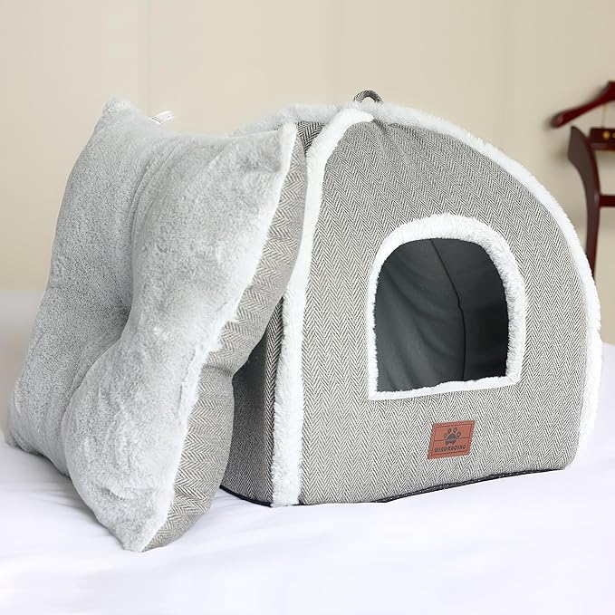 Cat Bed for Indoor Cats - Cat Cave Bed Cat House Cat Tent with Removable Washable Cushioned Pillow, Soft and Self Warming Kitten beds,Cat Beds & Furniture （Large Grey）