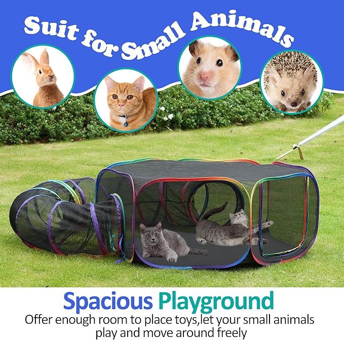 Outdoor Cat Enclosure, Portable Catio Playground with Tent & Tunnel for Cats and Small Animals, Foldable Cat Playpen Includes Storage Bag for Outside and Indoor Play, Rainbow Color