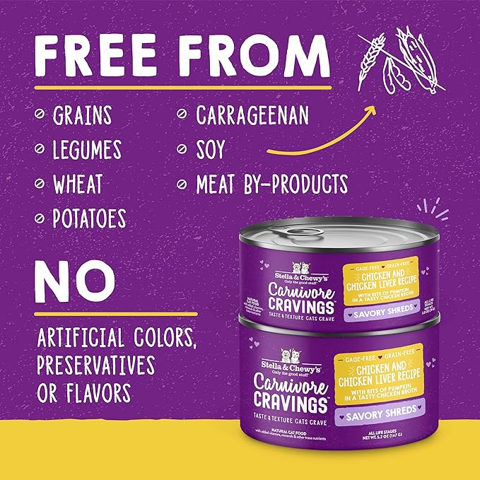 Stella & Chewy's Carnivore Cravings Savory Shreds Cans – Grain Free, Protein Rich Wet Cat Food – Cage-Free Chicken & Chicken Liver Recipe – (5.2 Ounce Cans, Case of 24)