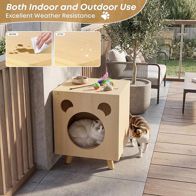Cat End Table Aluminum Bed Table, Nightstand, Cat Litter Box Enclosure for Indoor and Outdoor with Cabinet Legs and Countertop, Weatherproof, Beige