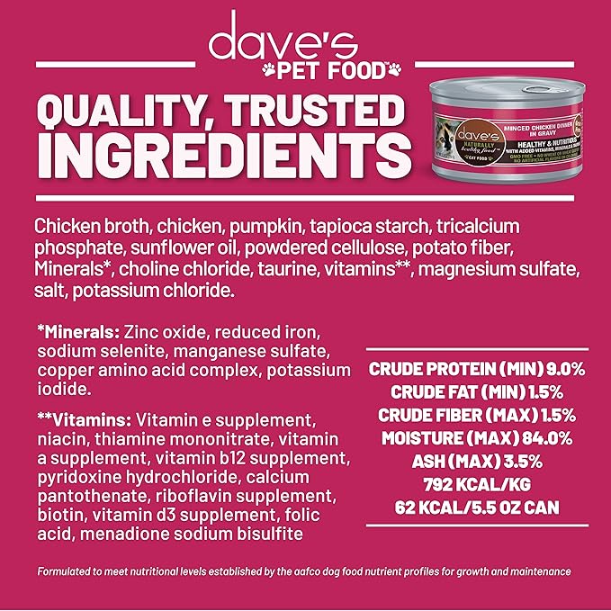 Dave's Pet Food Grain Free Wet Cat Food (Minced Chicken in Gravy), Naturally Healthy Canned, Added Vitamins & Minerals, Wheat, Gluten & GMO-Free, 2.8 oz (24 Pack)