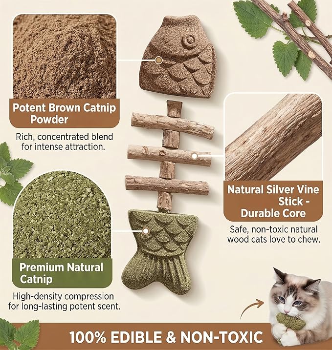 3PCS Fish Bone Cat Toy Set for Cats, Catnip Toys, Dental Chew & Teething Toys for Kitten, Fish & Bone Shape, Ideal for Teeth Cleaning & Boredom Relief