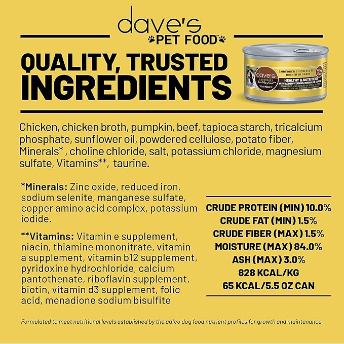 Dave's Pet Food Grain Free Wet Cat Food (Shredded Chicken & Beef in Gravy), Naturally Healthy Canned, Added Vitamins & Minerals, Wheat, Gluten & GMO-Free, 2.8 oz (12 Pack)