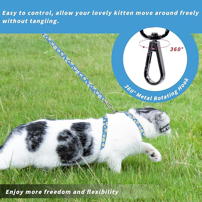 Seyezo Cat Harness and Leash Set, Adjustable Kitten Harness Escape Proof Cats Harness, Soft Lightweight Walking Travel Pet Harness, Cute Kitty Harness Leash Set for Small Medium Cats, Blue Daisy