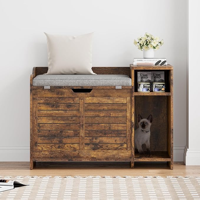 TROPOW Cat Litter Box Enclosure Furniture with Top Opening and Cushion, Hidden Litter Box Cabinet with Storage, Privacy Cat Box Enclosure, Brown