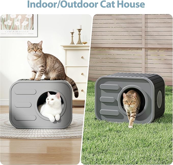 Cat Houses for Outdoor Indoor Cats, Insualted Outdoor Cat House Weatherproof with Camera-Shaped Design, Sturdy Resin Shelter for Patio,Garden Grey