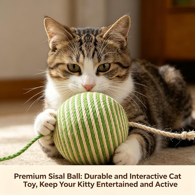 4-inch cat Toy Balls, Indoor cat Toys, sisal cat Balls for Cats to Grind Teeth, Sharpen Claws, Play, and Make Sounds When Gently Shaken to Attract Cats' Attention (Green)