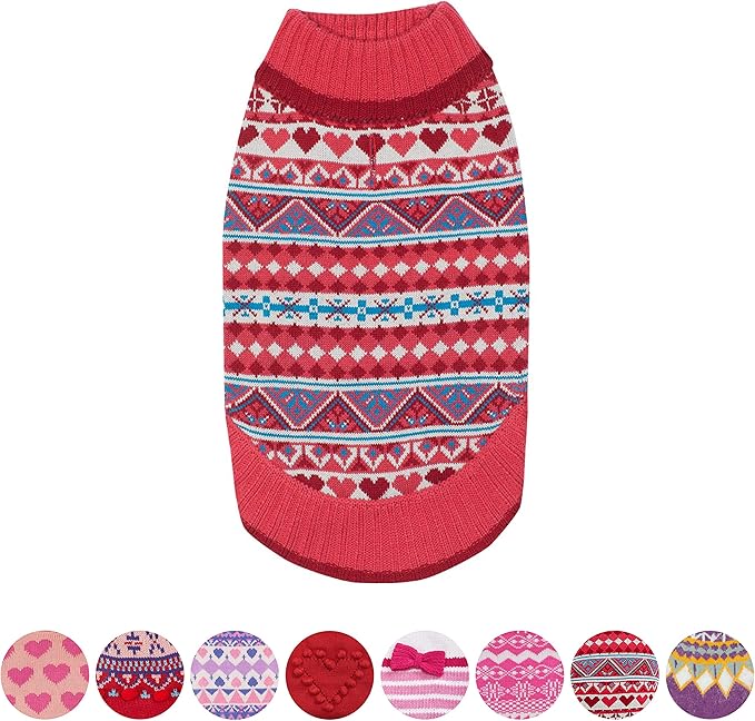 Blueberry Pet Fair Isle Style Sugar Coral Pullover Dog Sweater with Heart, Back Length 20", Pack of 1 Clothes for Dogs