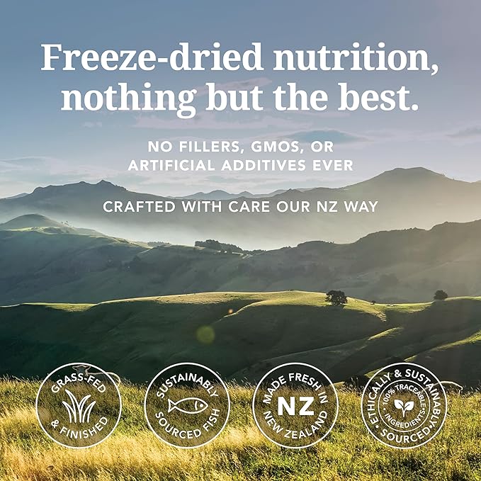 Feline Natural High Protein Dry Cat Food, Freeze-Dried Diet with 98% Meat, Organs & Seafood, No Peas, Grains, or Artificial Additives, Made in New Zealand, Lamb & King Salmon, 3.5oz