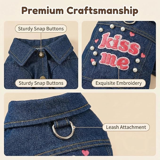 Dog Denim Jacket with Kiss Me Embroidery, Cute Pet Jean Coat with Pearl Decor, Small Dog Clothes for Puppy Cat, Stylish Dog Outfit for Walking & Photos(XS)