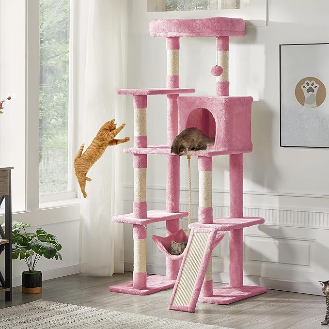 Topeakmart 63in Cat Tree, Large Cat Tower Furniture w/Cat Condo, Padded Platform & Sisal-Covered Scratching Post, Stable Cat Tower Pet Play House, Pink