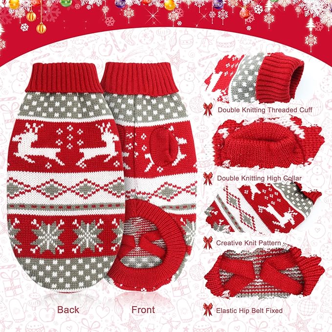 HYLYUN Cat Christmas Sweaters 2 Packs, Puppy Christmas Sweater Pet Reindeer Snowflake Sweaters for Kittys and Small Dogs S