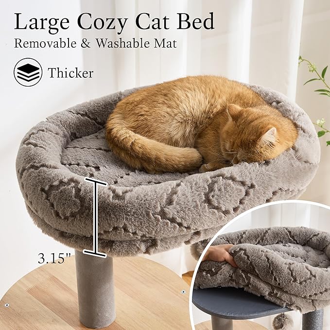 797Audio Wood Modern Cat Tree, 65" Cat Tower with Sisal Scratching Posts, Cat Condo, Capsule and Bed, Solid Wooden Aesthetic Multi-Level Cat Climbing Tree for Large Adult Indoor Maine Coon Cats-Gray