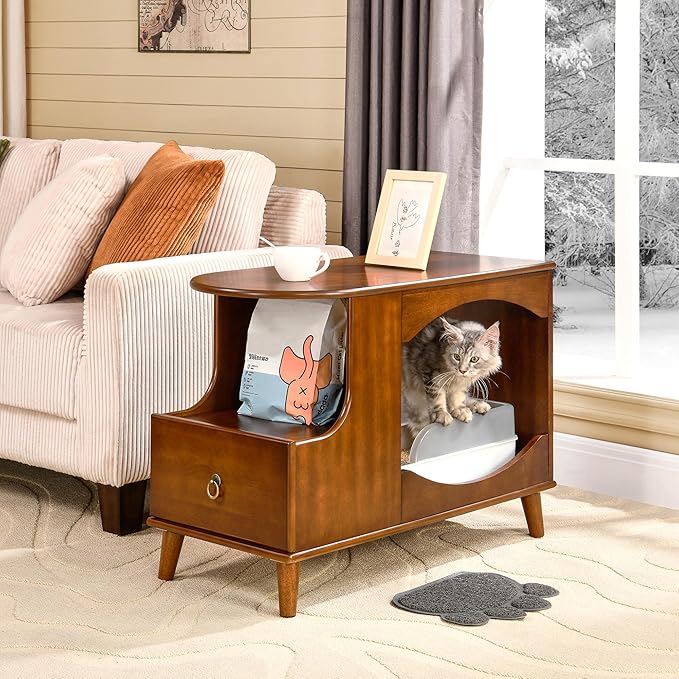 Pet Litter Box Enclosure with Drawer and Storage Shelf, Hidden Litter Box Furniture with Storage Shelf with Cat House Underneath, Indoor Cat House with1 Drawer, Fit Most of Litter Box