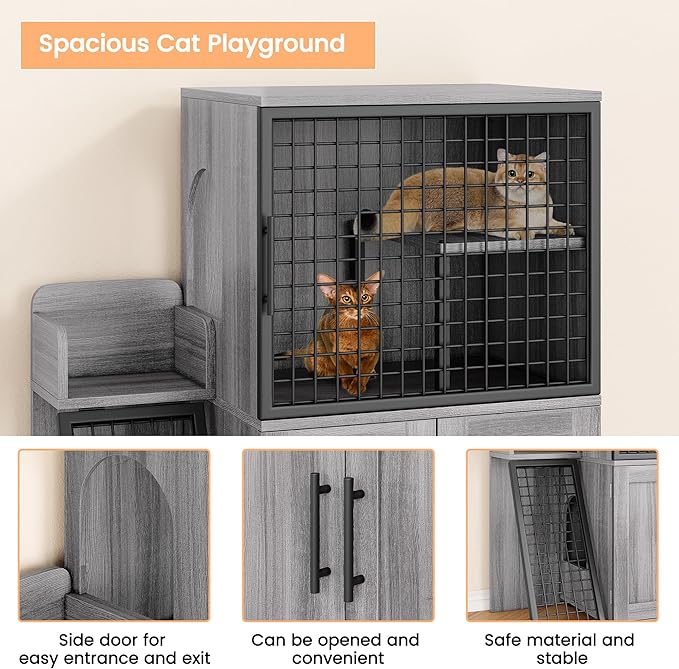 IDEALHOUSE Modern Cat Litter Box Enclosure with Platform, Double Layer Hidden Litter Box, Indoor Washroom, Villa Cat House with Ladder, 33.5" l x 17.9" w x 41.9" h,Dark Grey