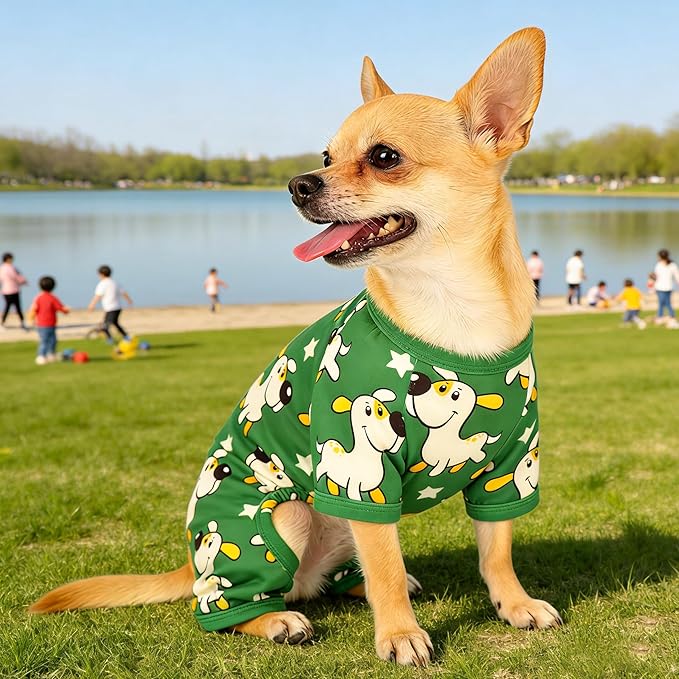 Dog Pajamas Summer Cute Print Puppy Jumpsuit Thin Dog Onesie Small Dog Clothes with Comfy & Elastic Frbic Puppy Pjs (Green Puppy, X-Large)
