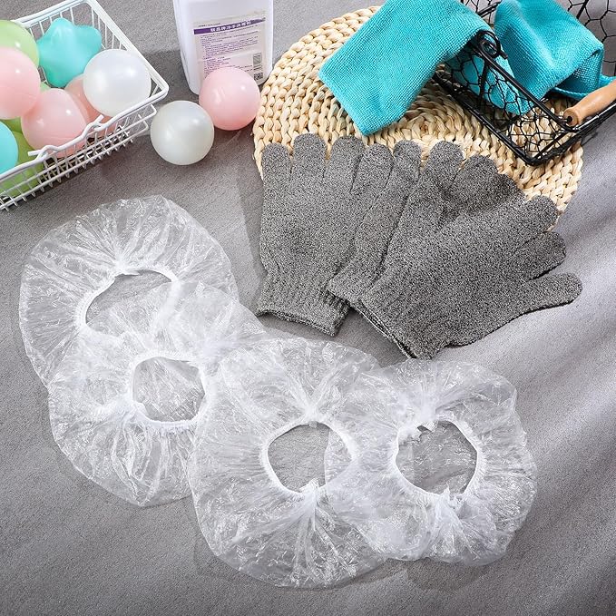 Coume 100 Pcs Adjustable Shower Caps and 2 Pairs Cats Carbonized Bamboo Bath Exfoliating Gloves Set for Sphynx Shower Body Scrub Puppy Kitten Small Pets