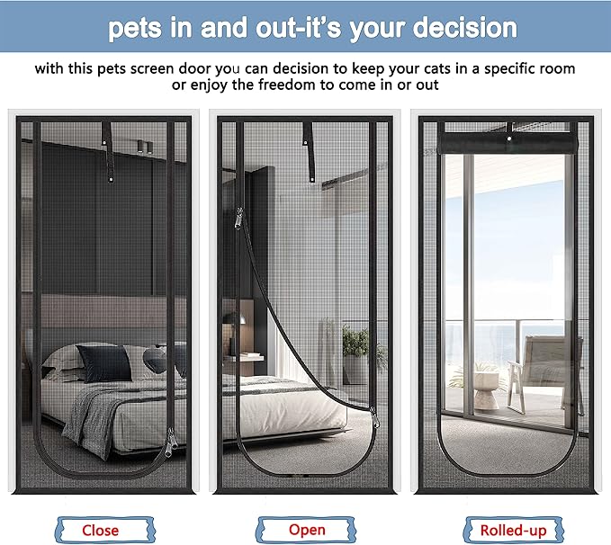QWR Reinforced Cat Screen Door,Fits Door Opening Size 32''x 80'',Thickened Cat Proof Mesh Screen Door with Zipper Closure for Living Room,Kitchen,Bedroom (U-Type,Black)