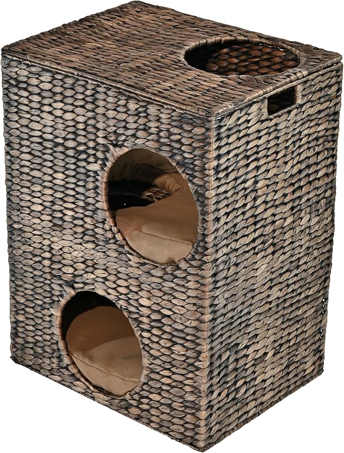 CHS1000B Jaxon 18" Modern Classic 2-Tier Handwoven Hyacinth Rectangular 5-Hole Cat Condo with 2 Machine-Washable Cushions, Brown