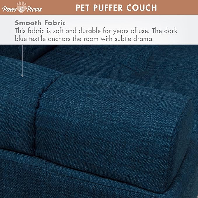 Paws & Purrs Puffer Pet Sofa Bed, Dog or Cat Couch with Tufted Cushion and Armrest, Stylish Indoor Pet Furniture, Dark Blue