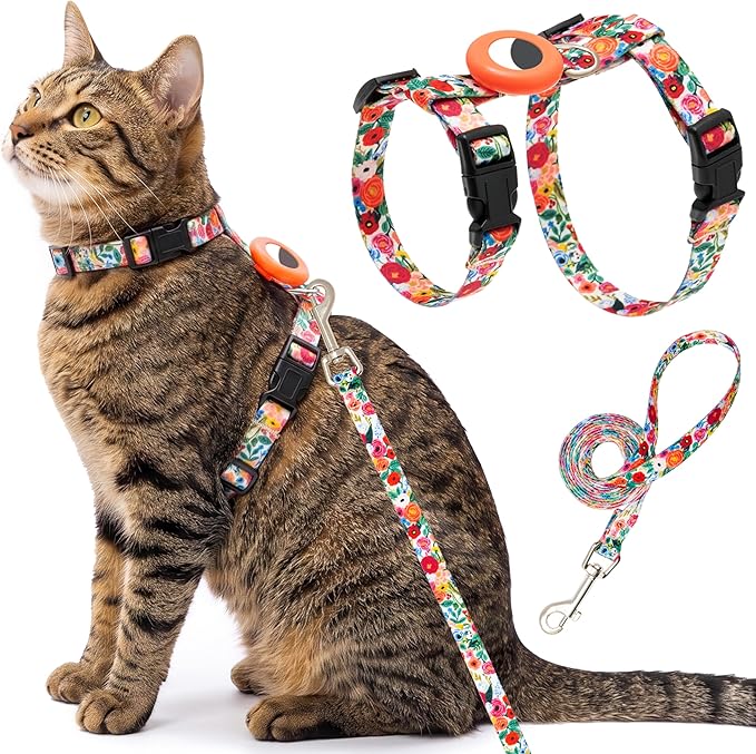 Cat Harness and Leash Escape Proof for Walking Travel Outdoor - Cute Floral Nylon Adjustable Cute Cat Harness Leash Set with Airtag Holder for Small Large Cats