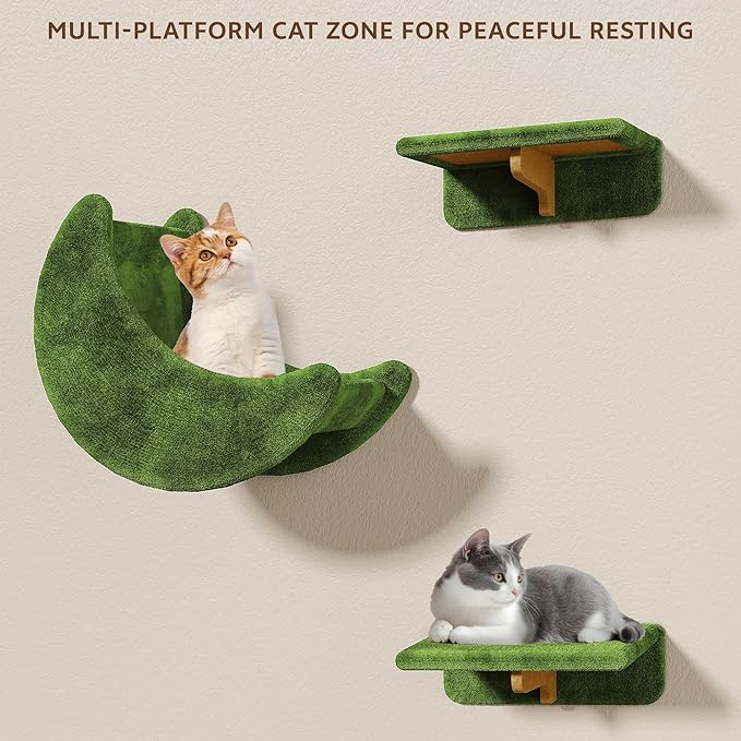 Cat Wall Shelves, Wall Mounted Cat Shelf Furniture with Plush Fabric(13 Piece Set), Cats Furniture with Moon Hammock, Condos, House, Steps, Bridge Ladder, Scratching Post, Green