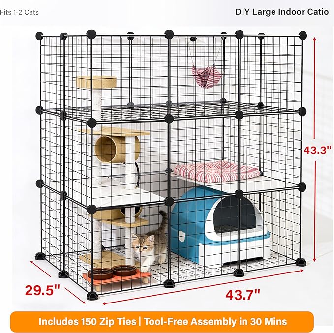 DIY Modular Cat Enclosure 3x3x2 Grid | Extra Large Indoor Cat Playpen | Foldable Black Wire Metal Cat Cage with Multi-Level Shelves | Approx. (43.7" x 29.5" x 43.3")