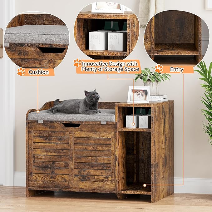 TROPOW Cat Litter Box Enclosure Furniture with Top Opening and Cushion, Hidden Litter Box Cabinet with Storage, Privacy Cat Box Enclosure, Brown