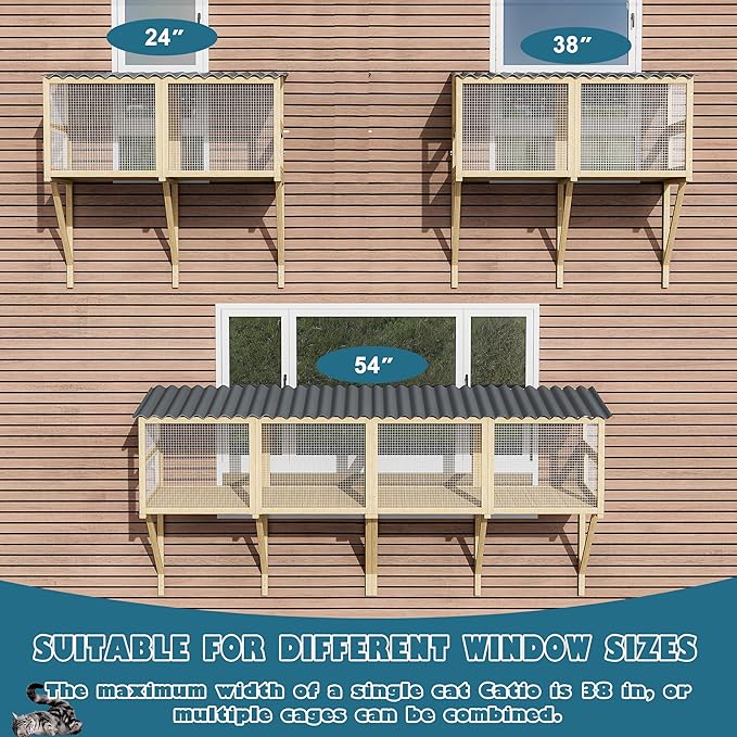 Cat Catio, Cat Window Box for Multiple Indoor Cats, Catio Pet Perch with Metal Mesh Locking Side Door, Wooden Enclosure Window All Weather Use 360° Enjoying Outdoors (Original Wood, Large)