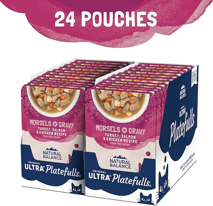 Natural Balance Original Ultra Platefulls Indoor Adult Grain Free Wet Cat Food, Turkey, Salmon & Chicken Recipe, 3 Ounce Pouch (Pack of 24)