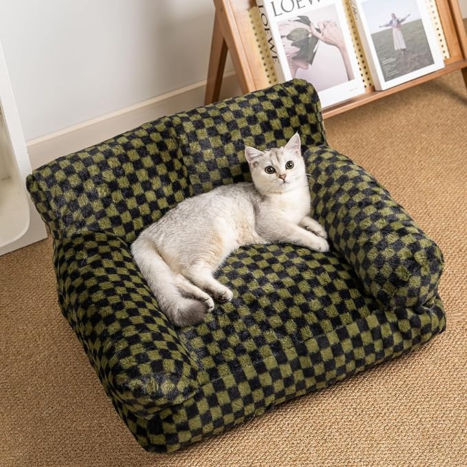 Faux Fur Cat & Dog Sofa Cat Couch Mini Cat Bed Indoor Human Style Pet Sofa, Modern Pet Furniture for Cats, Washable ＆ Removable Cover, for Cats and Small Medium Dogs (Black/Green, Large(30X21 inch))