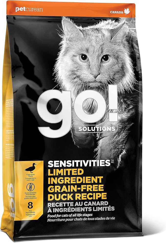 Go! Solutions Sensitivities Limited Ingredient Duck Grain-Free Dry Cat Food, Chicken-Free Kibble Made by Experts for Sensitive Stomachs & Food Allergies, for Kittens, Adults, & Seniors, 8 lb Bag