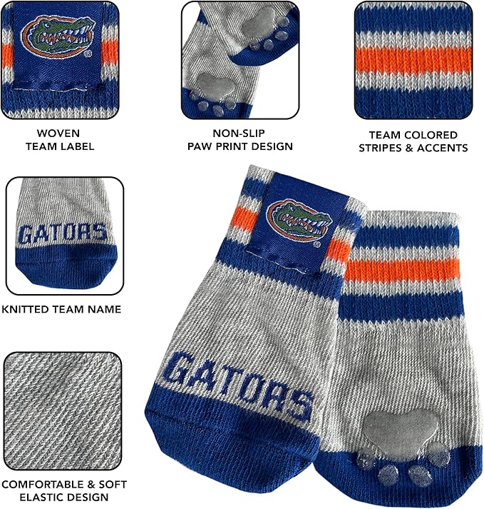 NCAA Florida Gators Anti Slip Dog Socks with Elastic Ribbed Top, Size Medium/Large. Indoor/Outdoor Socks, Best Dog Paw Protector, 2 Pairs of Pet Socks with Your Favorite Collegiate Sports Team
