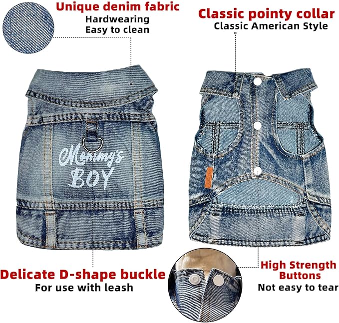 Dog Jeans Jacket Mommy's Boy Denim,Breathable Cotton Blue Pet Coat for Puppy Small Dogs Classic Overalls Male Cat Costumes Apparel Washed Vest Clothes Outfit T-Shirts（Large）