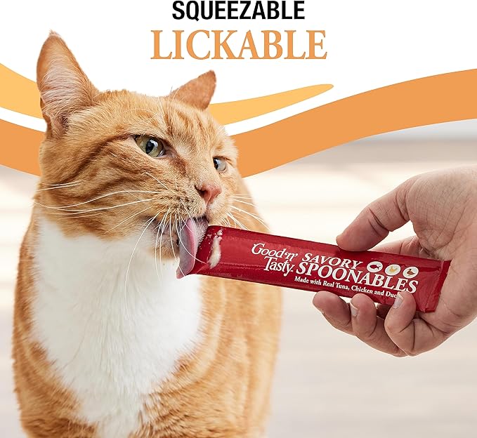 Good ‘n’ Tasty Savory Spoonables with Real Tuna, Chicken & Duck, 6 Count Tube, Triple Flavor Squeezable Lickable Wet Treats for Cats with Built-in Spoon for Less Mess (Pack of 2)