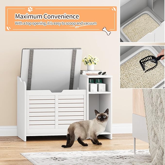 TROPOW Cat Litter Box Enclosure Furniture with Top Opening and Cushion, Hidden Litter Box Cabinet with Storage, Privacy Cat Box Enclosure, White
