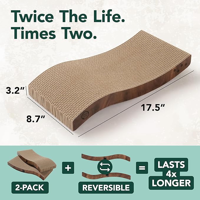 Reversible Wave Cat Scratcher for Indoor Cats - Cat Scratching Board, Horizontal Cat Scratch Pad Lounger with Reversible Usability and Extra Comfort for Lounge(2Pack, Go Green)