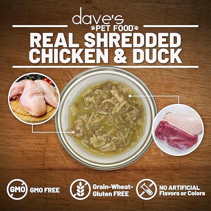 Dave's Pet Food Grain Free Wet Cat Food (Shredded Chicken & Duck in Gravy), Naturally Healthy Canned, Added Vitamins & Minerals, Wheat, Gluten, & GMO-Free, 2.8 oz (12 Pack)