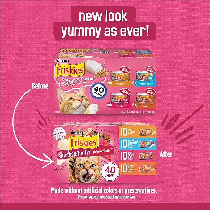Purina Friskies Gravy Wet Cat Food Variety Pack, Surfin’ and Turfin’ Prime Filets Favorites - (Pack of 40) 5.5 oz. Cans