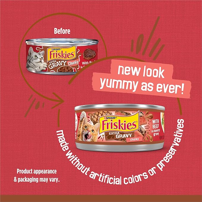 Friskies Purina Extra Gravy Wet Cat Food Chunky with Beef in Savory Gravy - 5.5 oz. Cans,(Pack of 48)