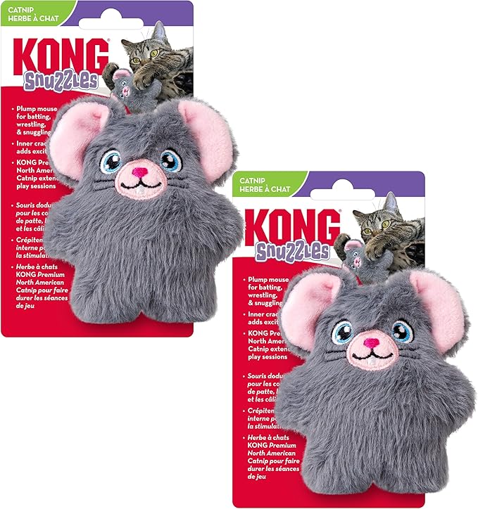 KONG Cat Snuzzles Mouse Plush Cat Toy – Soft & Cuddly, Crackle Sounds, Premium North American Catnip, Perfect for Batting, Wrestling & Snuggling (2 Pack)