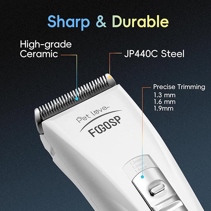 Quiet Dog Hair Clippers for Matted & Long Hair 5300RPM Cordless Pet Clipper Kit for Dogs, Cats, Rabbits Rechargeable 7Hours Working Time(White)