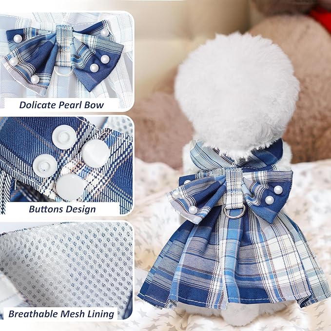 Dog Dress Bowknot Harness Leash Set for Small Dogs Girl Cute Plaid Dog Dress Pearls Bow Tie Spring Summer Princess Clothes Birthday Holiday Doggie Outfits for Puppy Cats Girl Apparel (Red, Large)