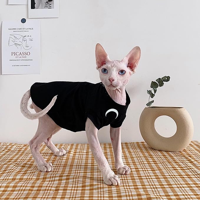Sphynx Cat Clothes, Moon Print Turtleneck Cotton T-Shirt for Devon Rex Sphynx Cats (Black Short Sleeve, X-Large)