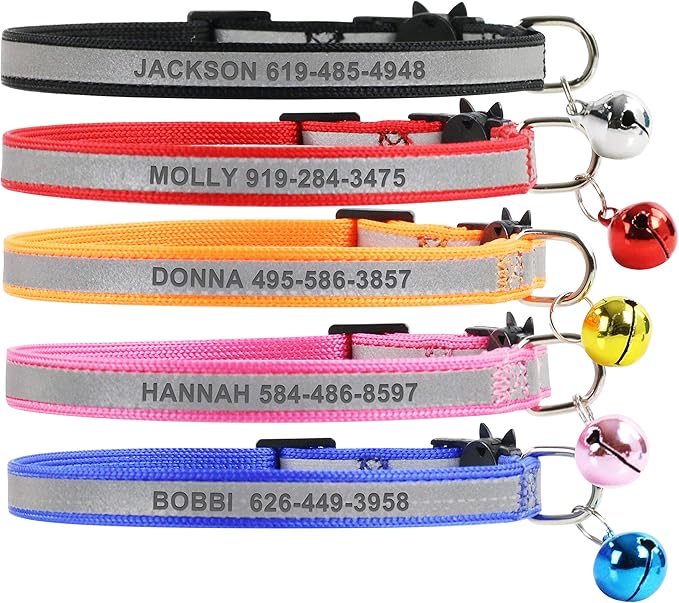 Personalized Reflective Breakaway Cat Collars Custom Laser Engraved Name Kitten Collar with Bells for Girl Boy Cat in Pink Blue Orange Red Black (Orange)